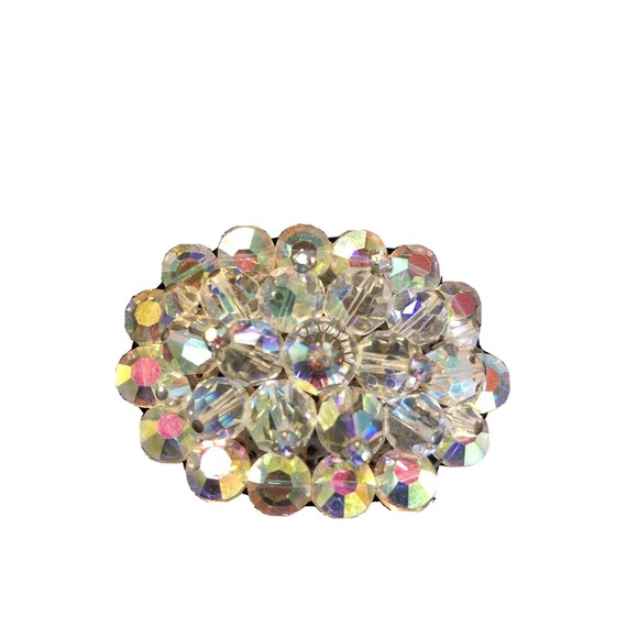 VTG.RETRO IRIDESCENT AURORA BOREALIS MULTI FACET CRYSTAL BEAD OVAL 2” BROOCH - Picture 2 of 7